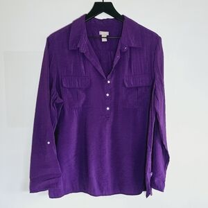 Chico's Collared Long Roll Tab Sleeves Half Button Closure Pullover Purple Top L